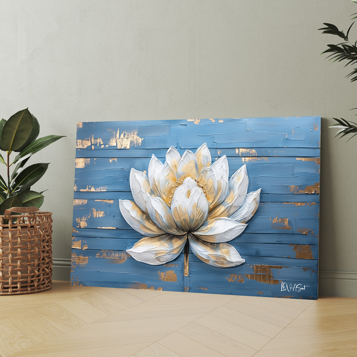 Mavi Zeminde Lotus 2 kanvas tablo — iç mekân uygulama örneği