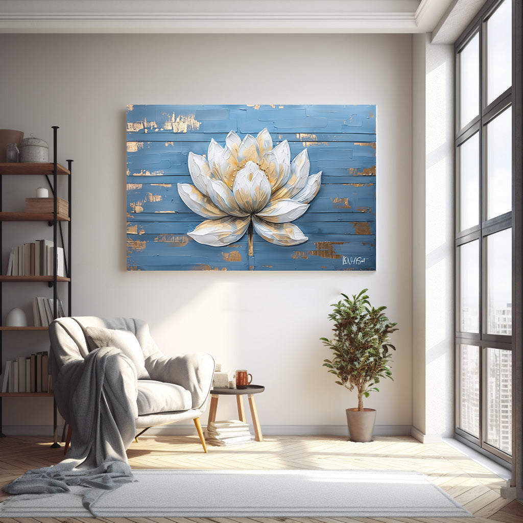 Mavi Zeminde Lotus 2 kanvas tablo — farklı açıdan görünüm