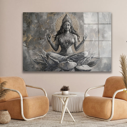 Meditasyon Figürü cam tablo — duvarda dekorasyon görünümü