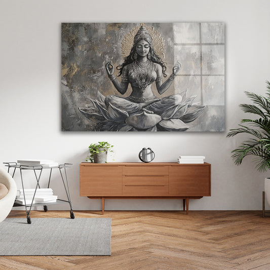 Meditasyon Figürü cam tablo — iç mekân uygulama örneği