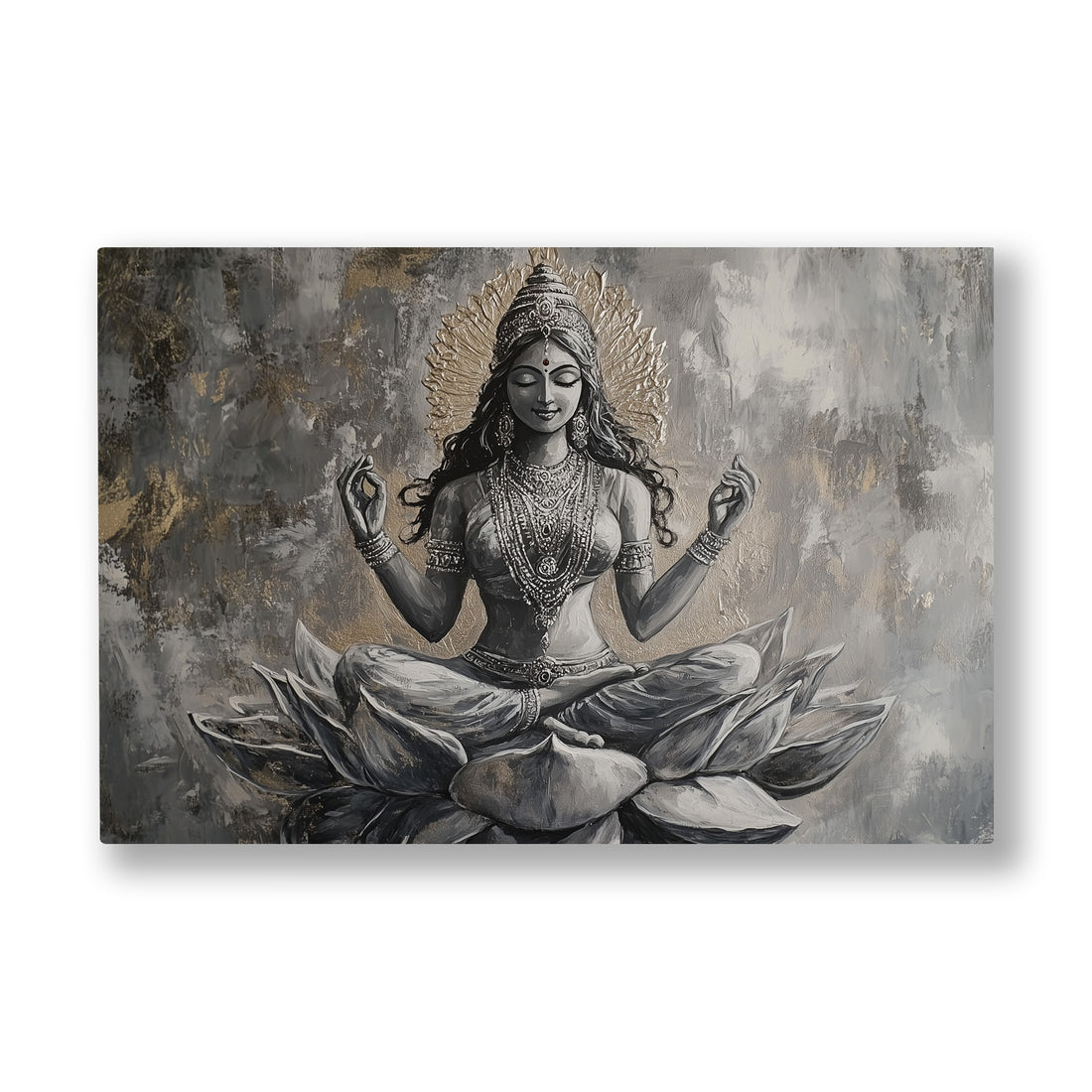 Meditasyon Figürü kanvas tablo — Gri bir sisin içinde lotus üzerinde oturan meditasyon figürü.