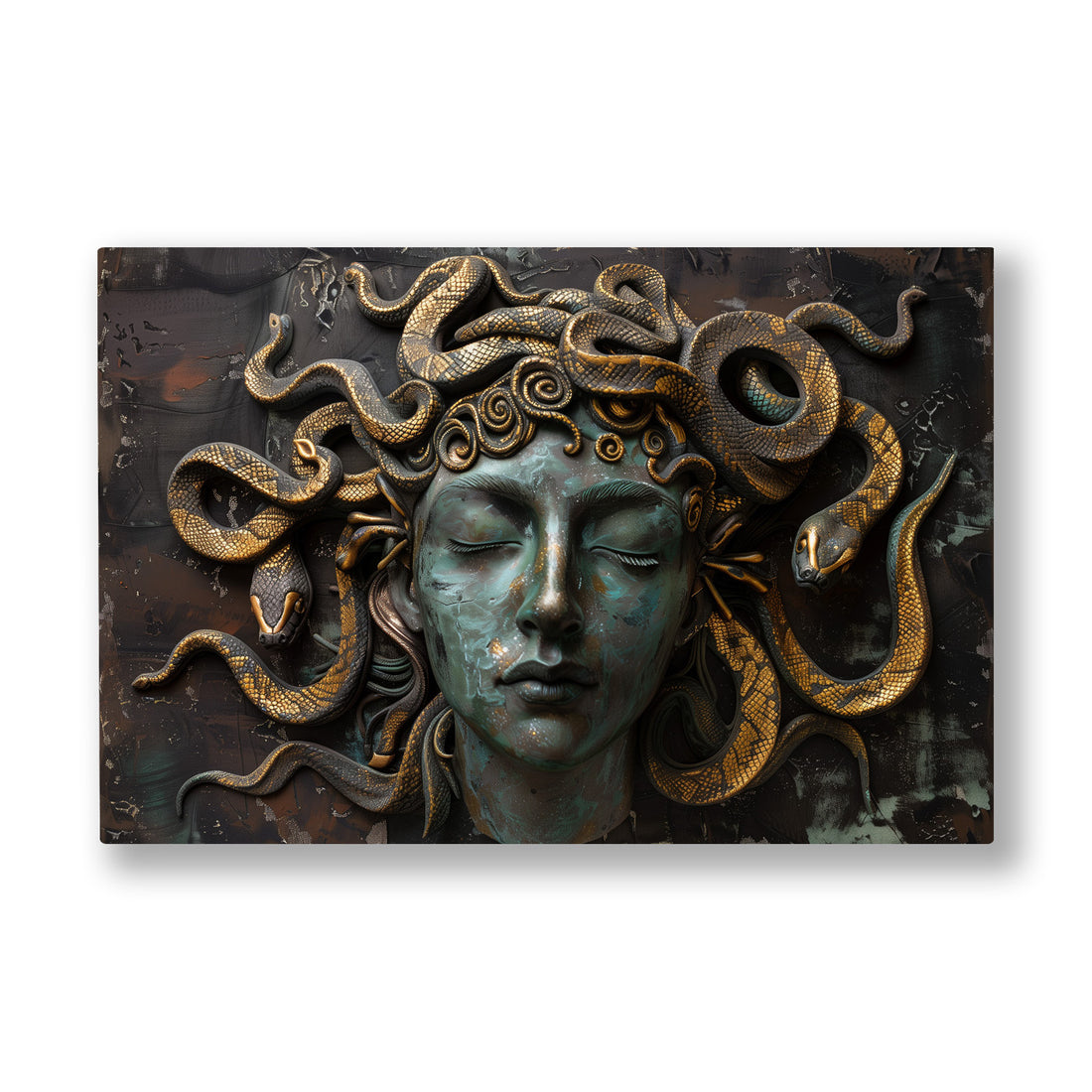 Medusa Başı kanvas tablo — Bronz yüzeyde yılan saçlarıyla gözleri kapalı duran Medusa başı.
