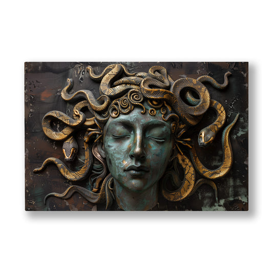 Medusa Başı kanvas tablo — Bronz yüzeyde yılan saçlarıyla gözleri kapalı duran Medusa başı.