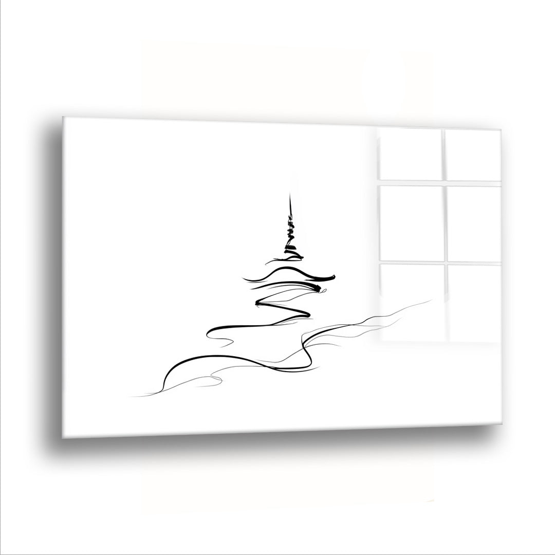 Minimal Çizgi Deseni cam tablo — Bembeyaz bir alanda tek bir siyah çizgi, kendi kendine bir biçim kuruyor.