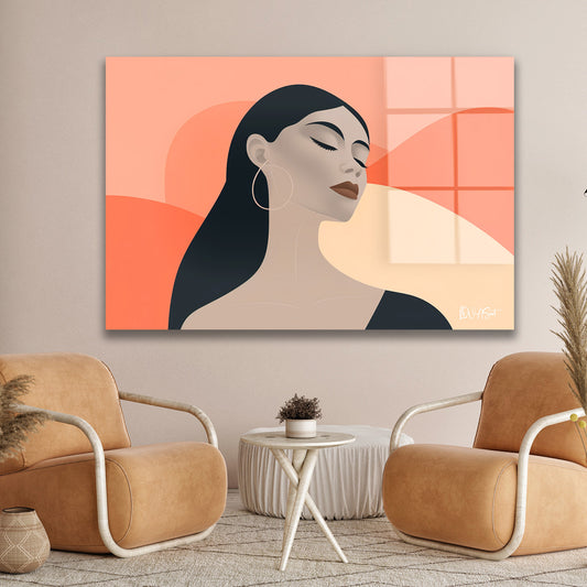 Minimal Kadın Portresi cam tablo — duvarda dekorasyon görünümü