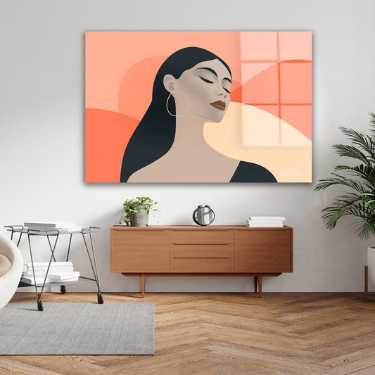 Minimal Kadın Portresi cam tablo — iç mekân uygulama örneği