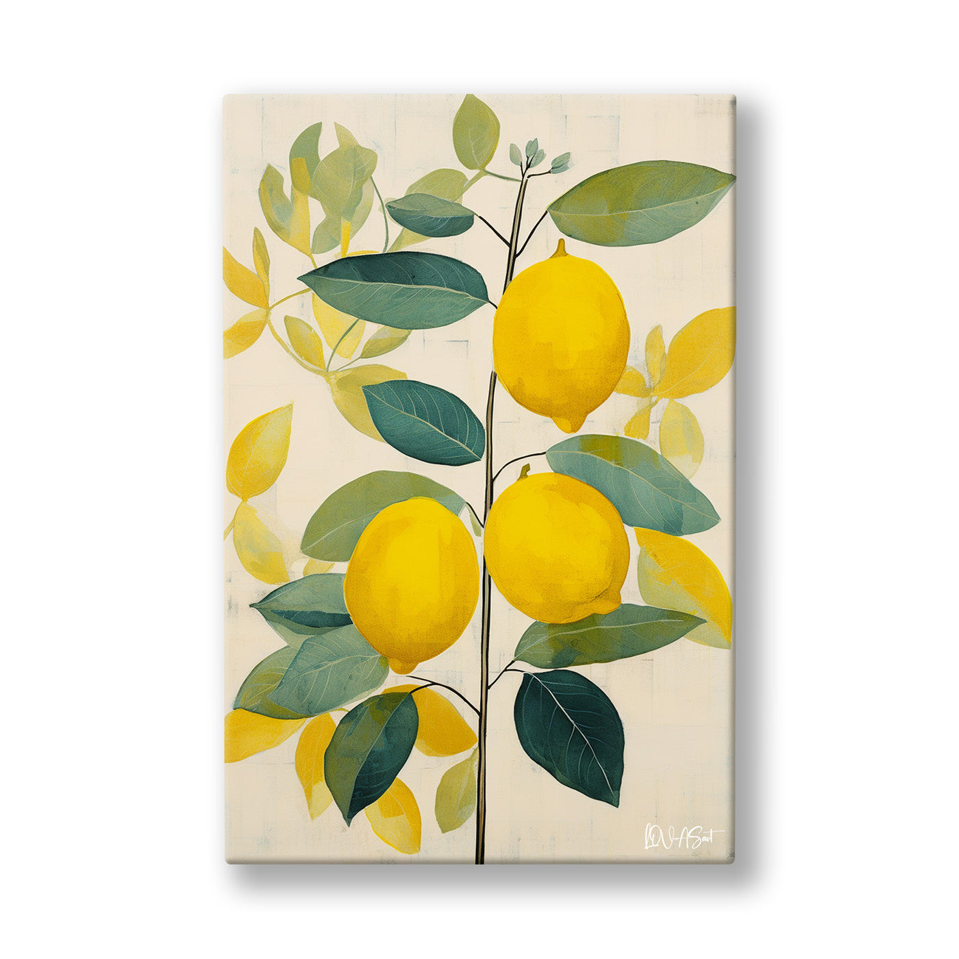 Minimal Limon Dalları kanvas tablo — Krem bir zeminde yeşil yaprakların arasında sapsarı limonlar.