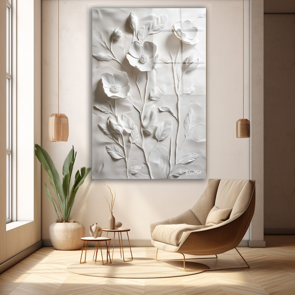 Minimalist Çiçekler cam tablo — duvarda dekorasyon görünümü