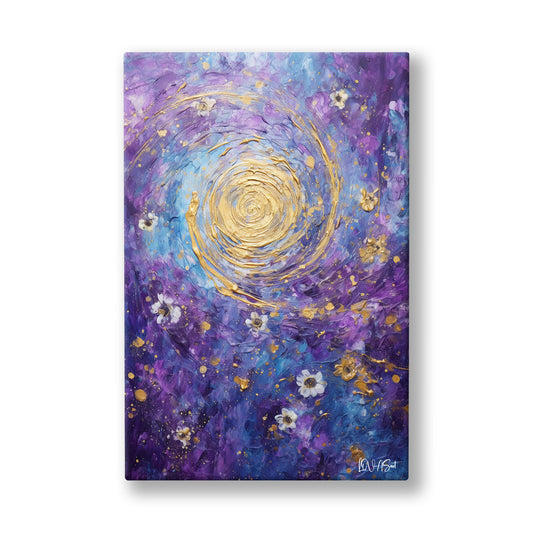 Mor Altın Girdap kanvas tablo — Mor bir kozmosun tam ortasında dönmeye başlayan altın bir girdap.