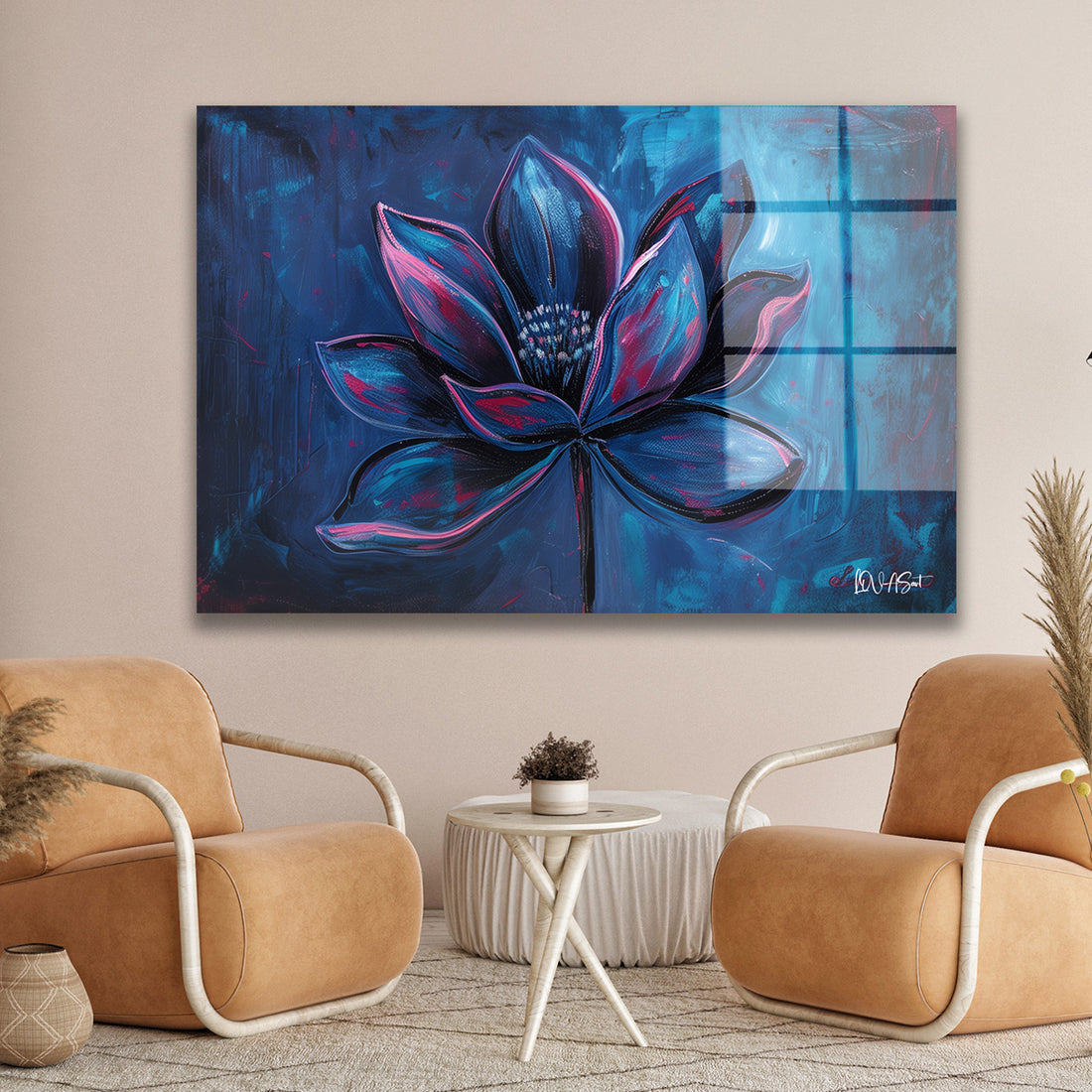 Mor Lotus cam tablo — duvarda dekorasyon görünümü