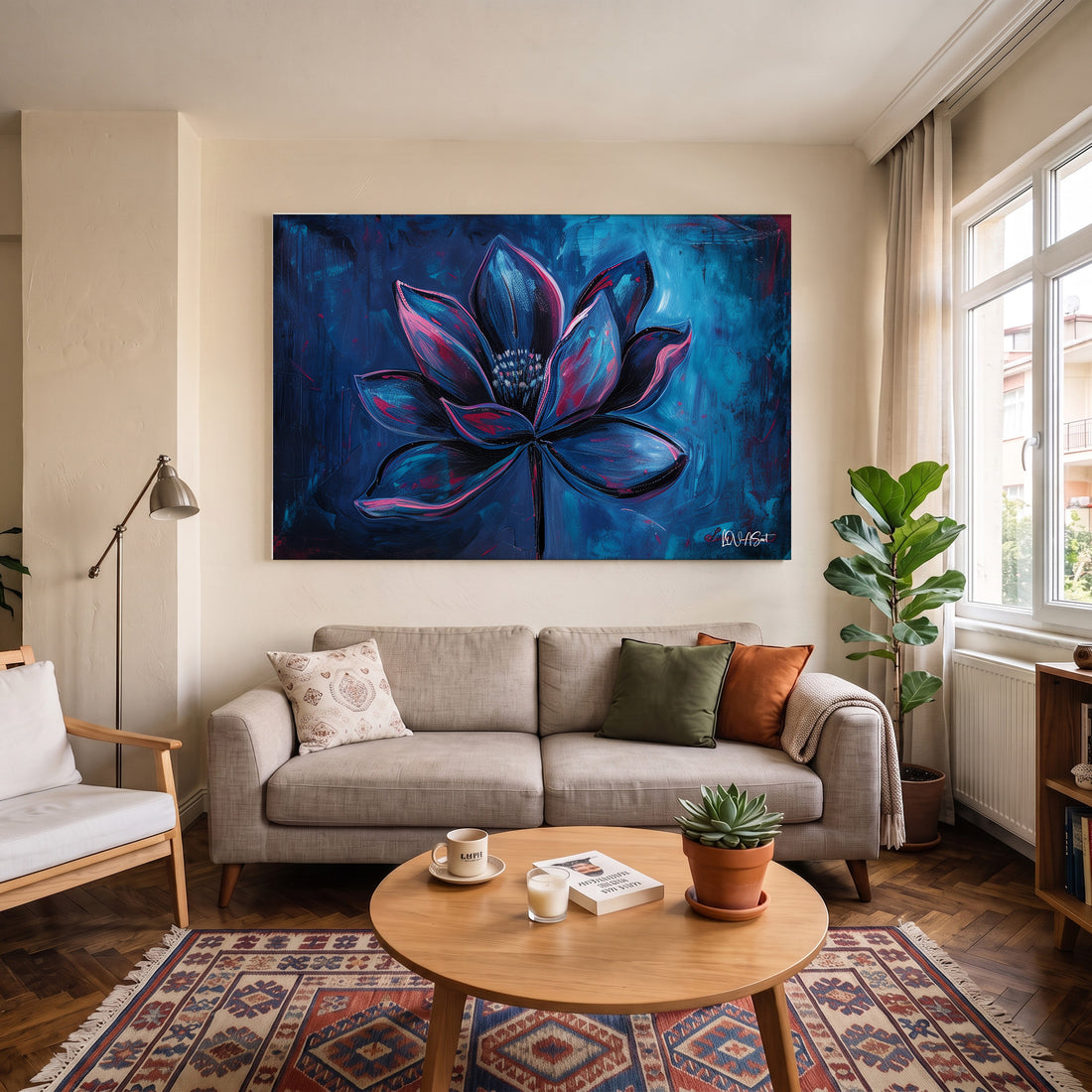 Mor Lotus kanvas tablo — duvarda dekorasyon görünümü