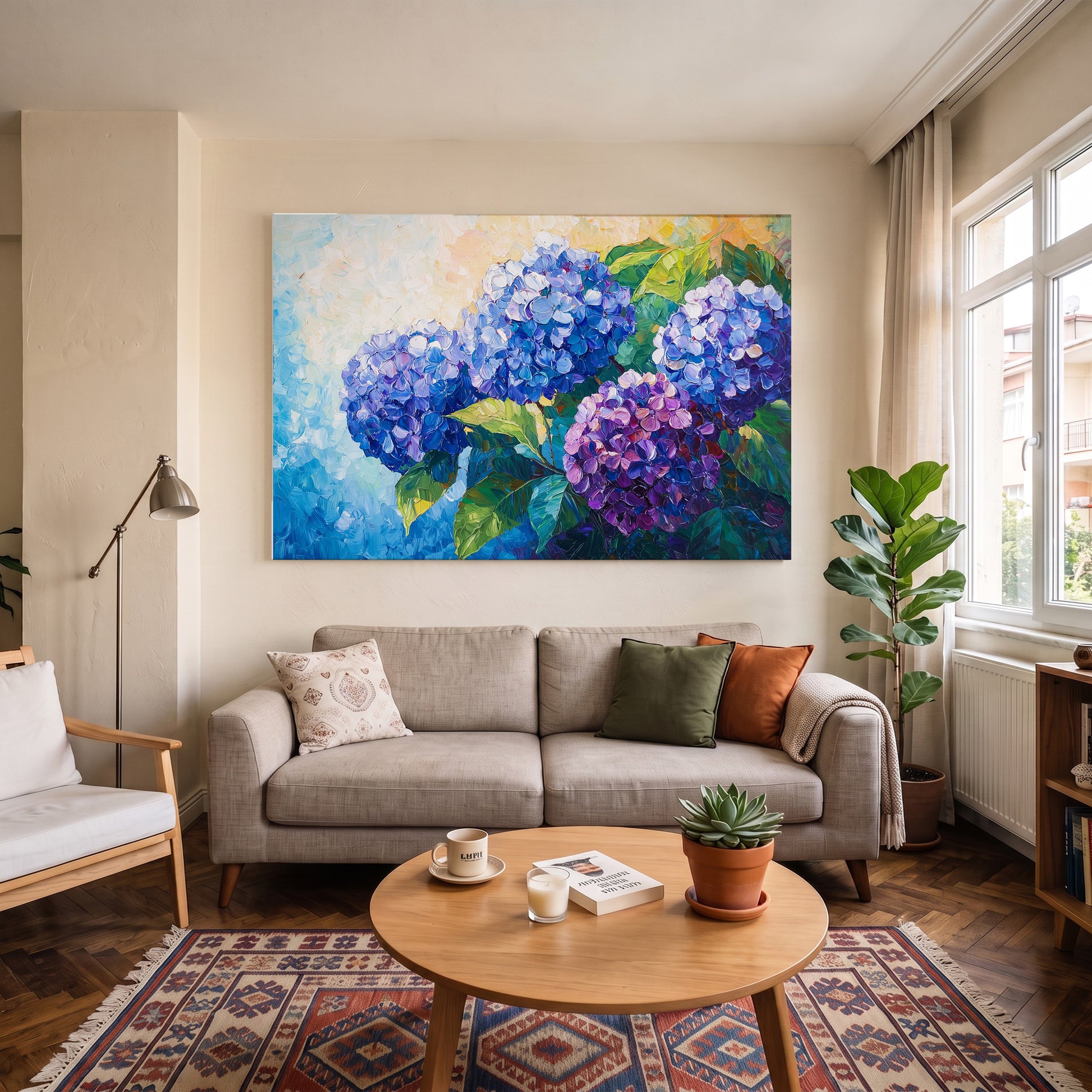 Mor Ortancalar kanvas tablo — duvarda dekorasyon görünümü