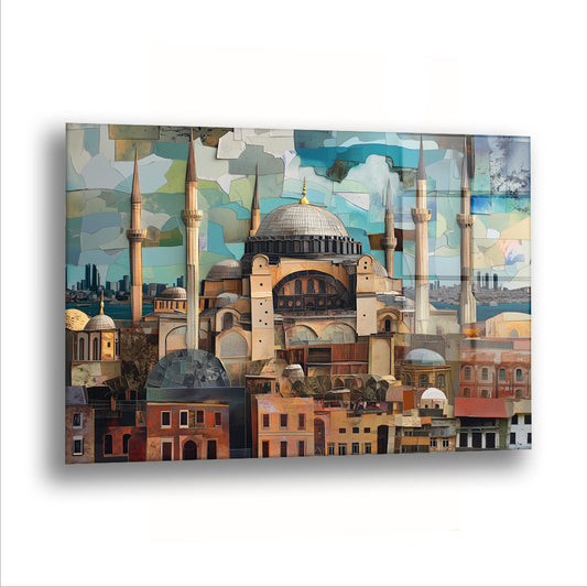 Mozaik Ayasofya Manzarası cam tablo — Ayasofya, minareler ve kiremit çatılar bir kolaj gibi üst üste geliyor.