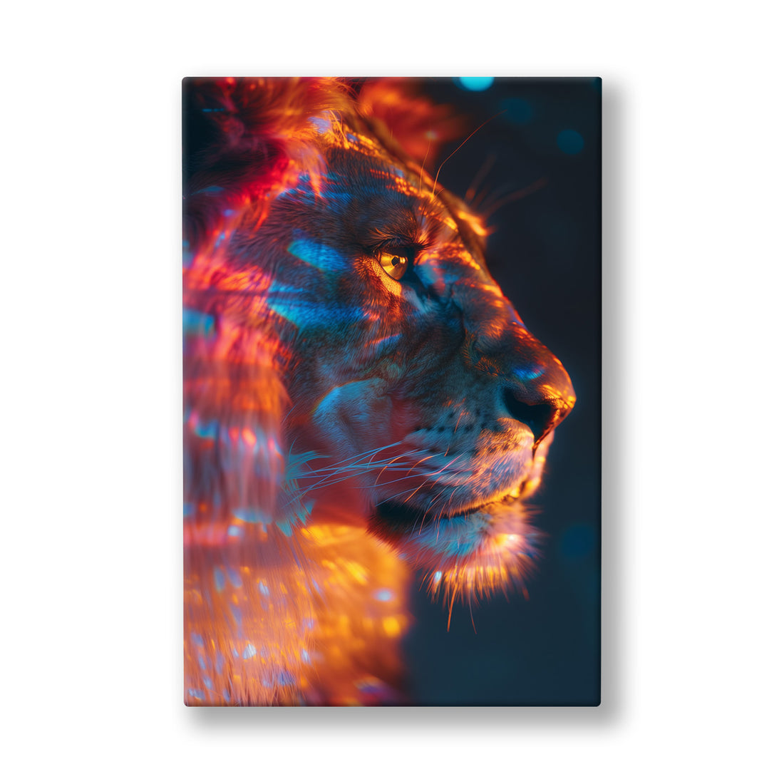 Neon Aslan kanvas tablo — Karanlıkta turuncu ve turkuaz ışıkla çizilmiş bir aslan profili.