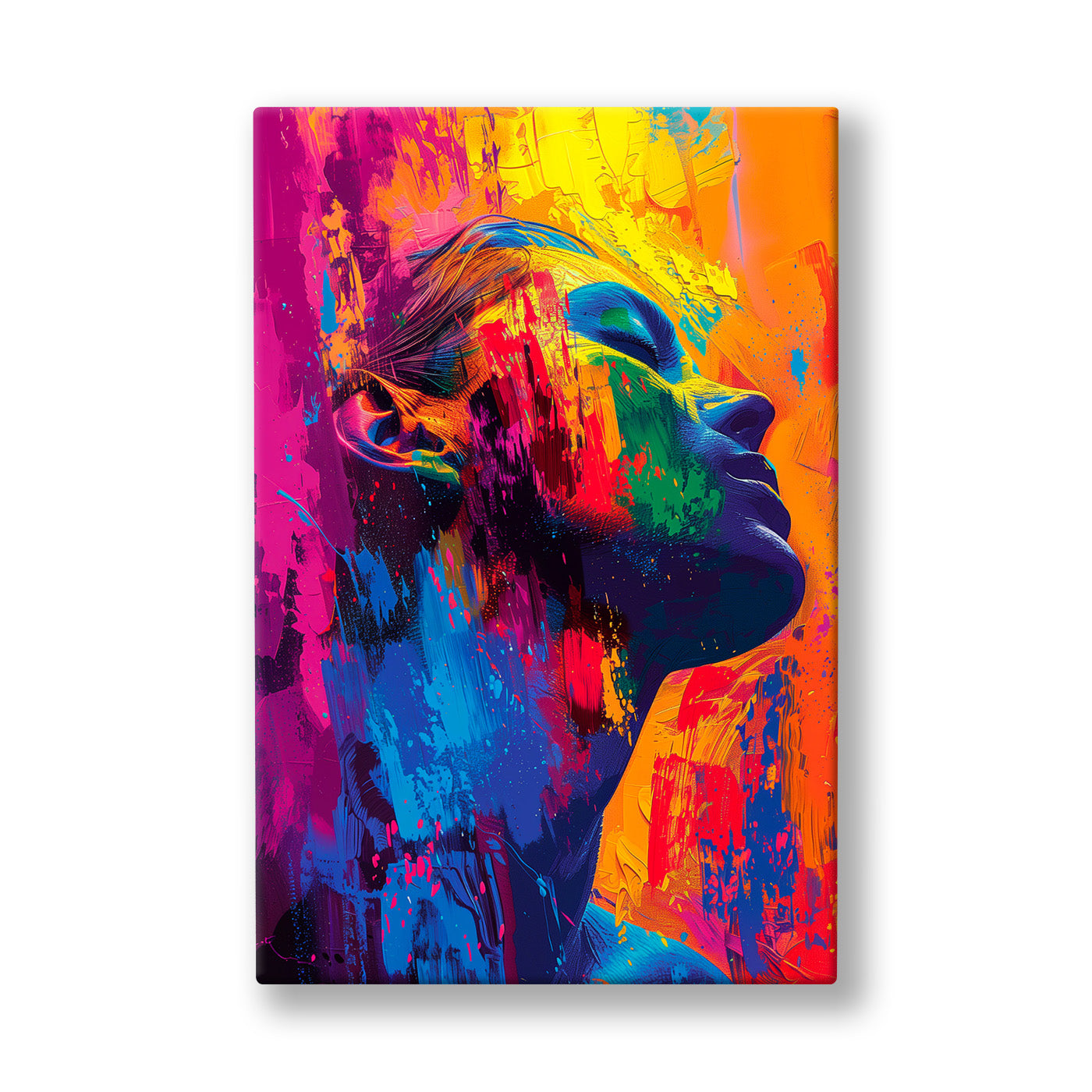 Neon Kadın Profili kanvas tablo — Fuşya, sarı ve turkuazın dağıldığı bir kadın başının silueti.