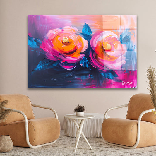 Neon Pembe Güller cam tablo — duvarda dekorasyon görünümü