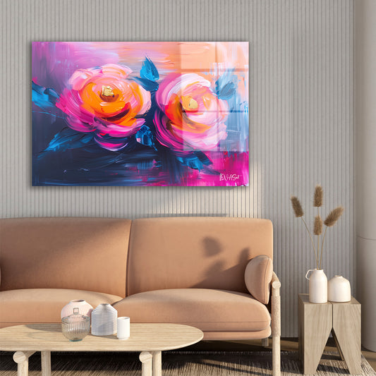 Neon Pembe Güller cam tablo — farklı açıdan görünüm