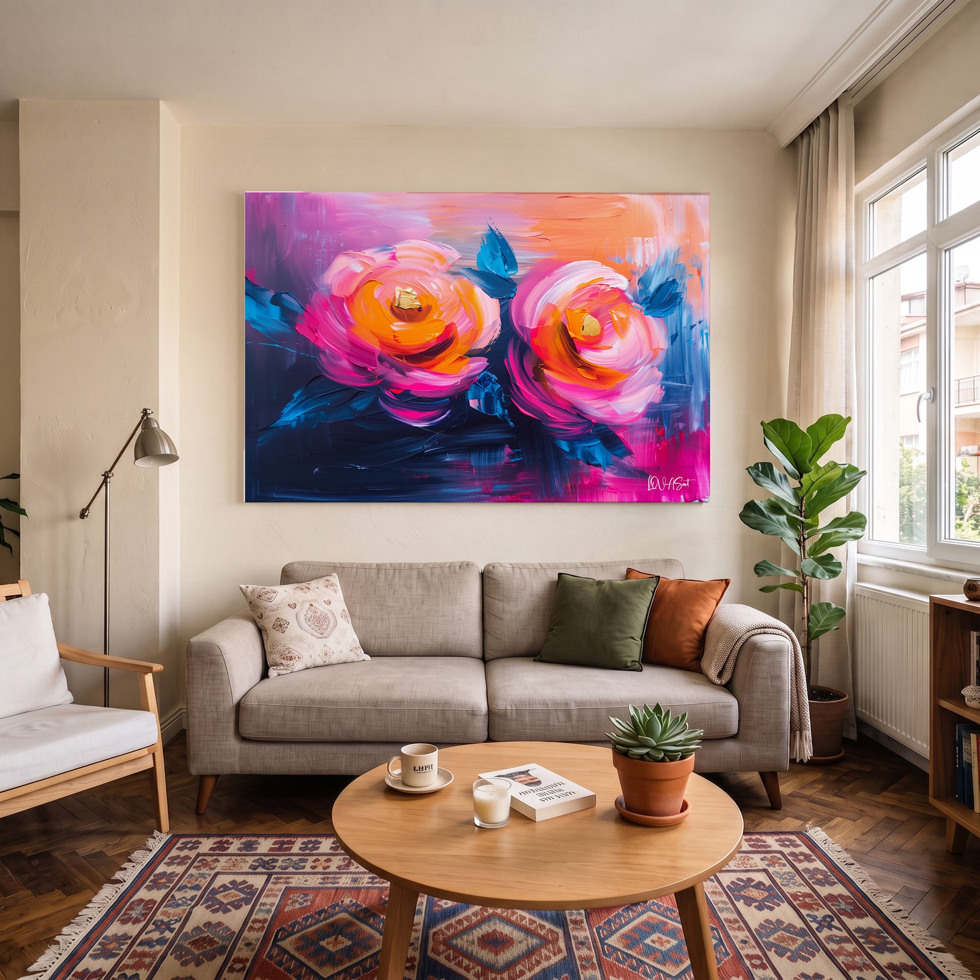 Neon Pembe Güller kanvas tablo — duvarda dekorasyon görünümü