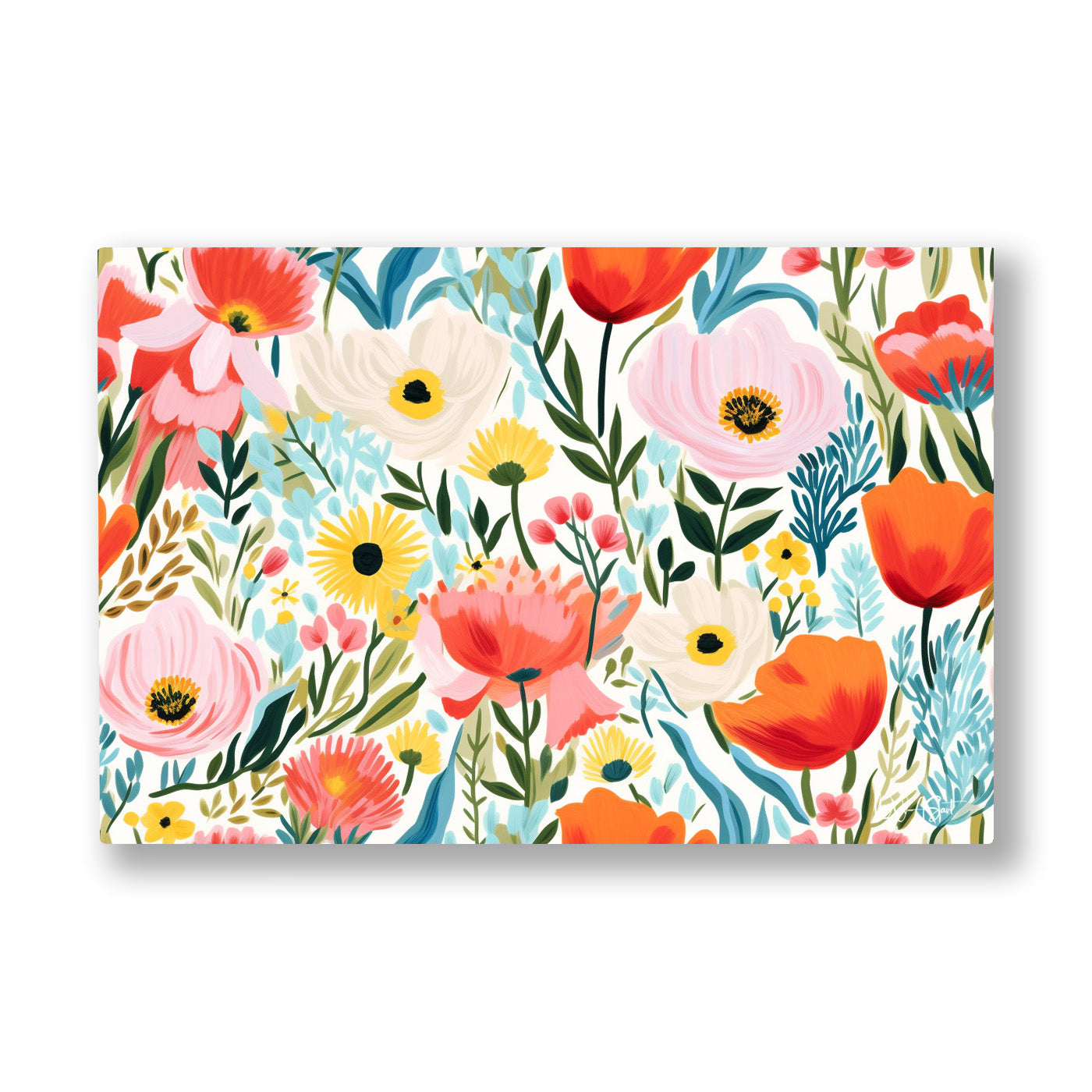Neşeli Kır Çiçekleri kanvas tablo — Beyaz bir zeminde dağınık büyüyen kırmızı ve pembe kır çiçekleri.