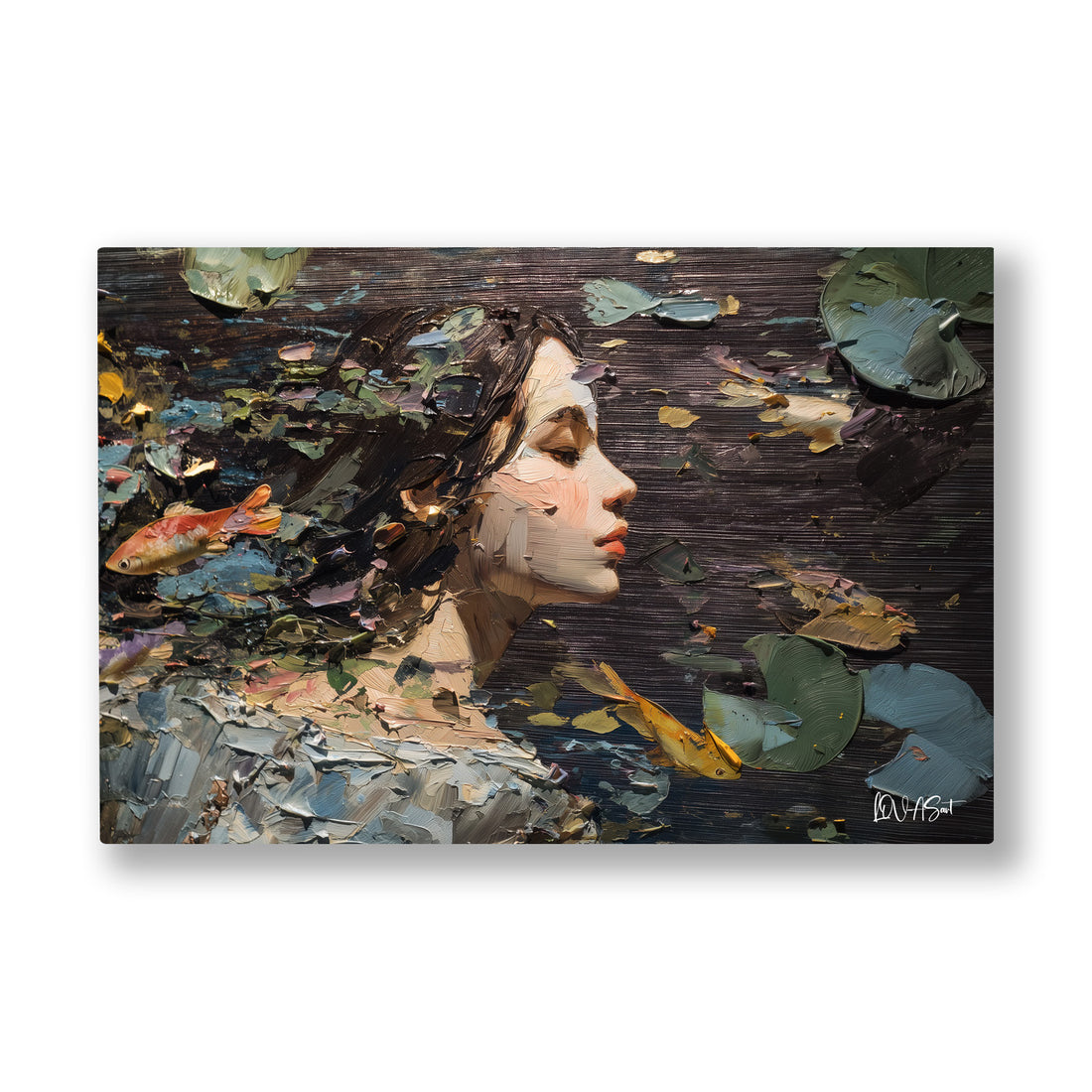 Nilüferler Arasında Kadın kanvas tablo — Koyu suyun yüzeyine bırakılmış bir kadın yüzü, yaprakların arasında.