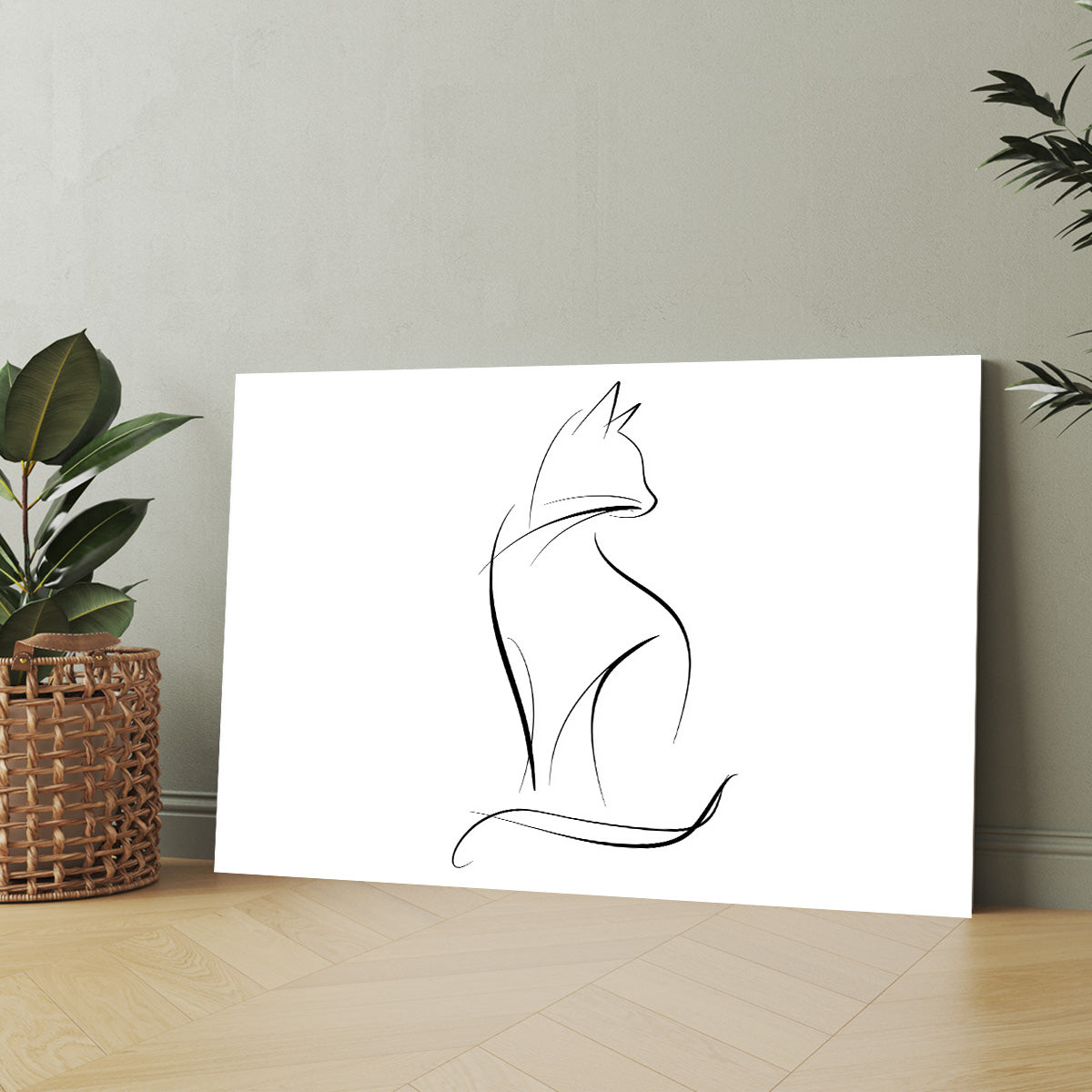 Oturan Çizgi Kedi kanvas tablo — iç mekân uygulama örneği