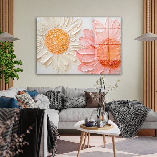 Papatya ve Pembe Gerbera cam tablo — duvarda dekorasyon görünümü