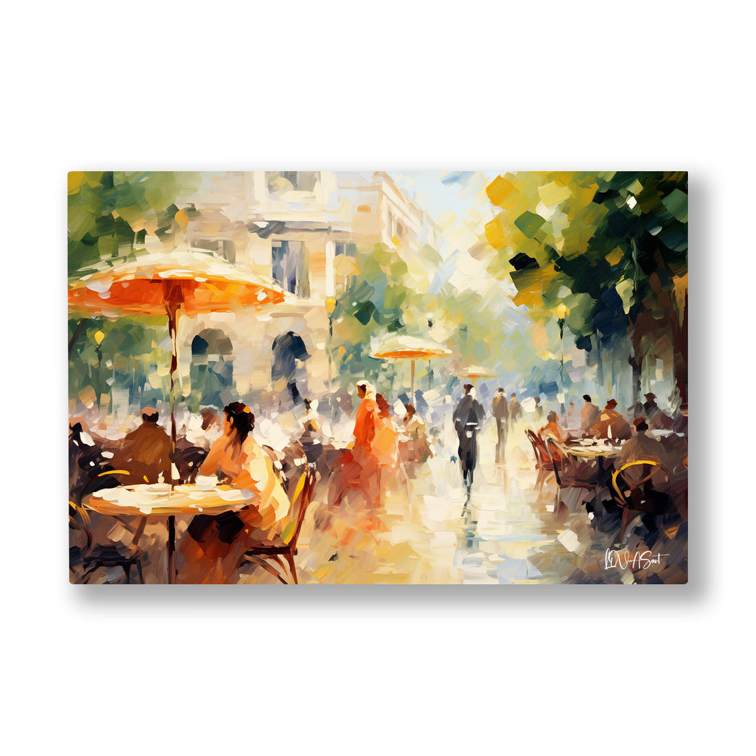 Paris Kafe Terası kanvas tablo — Şemsiyelerin altında kalabalıklaşmış bir Paris kafe terasının canlılığı.