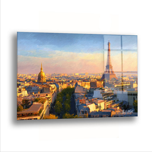 Paris Silueti cam tablo — Mavi bir göğün altında uzanan Paris panoraması, ufka doğru sıcak bir çizgiyle kapanıyor.