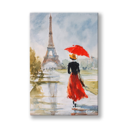 Paris'te Kırmızı Etek kanvas tablo — Eyfel Kulesinin önünde kırmızı elbisesiyle yürüyen bir kadının anı.