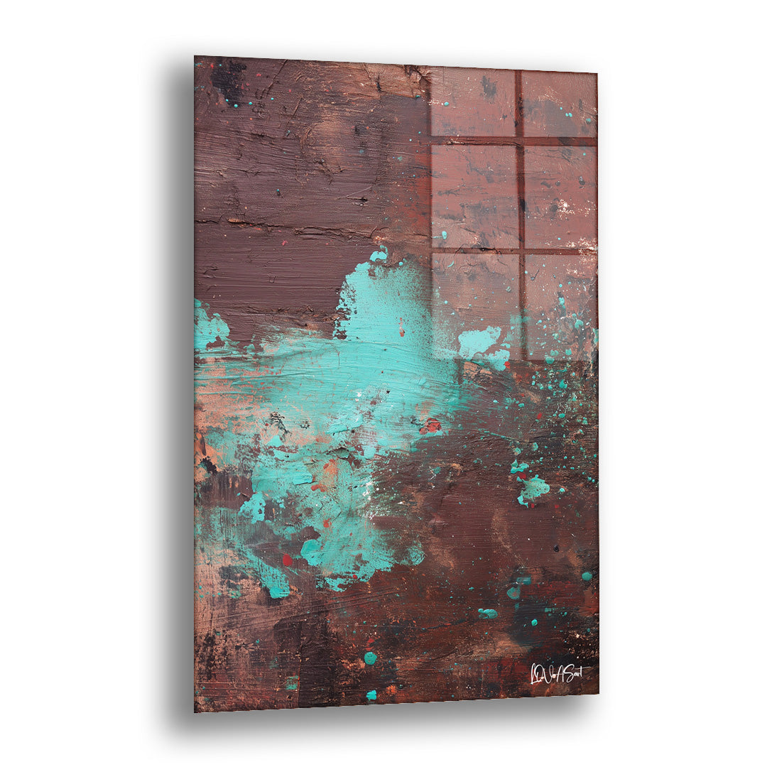 Pas ve Turkuaz cam tablo — koyu kiremit ve bordo bir yüzeyin üzerinde, eskimiş metal gibi açılan turkuaz lekelerle güçlü bir 