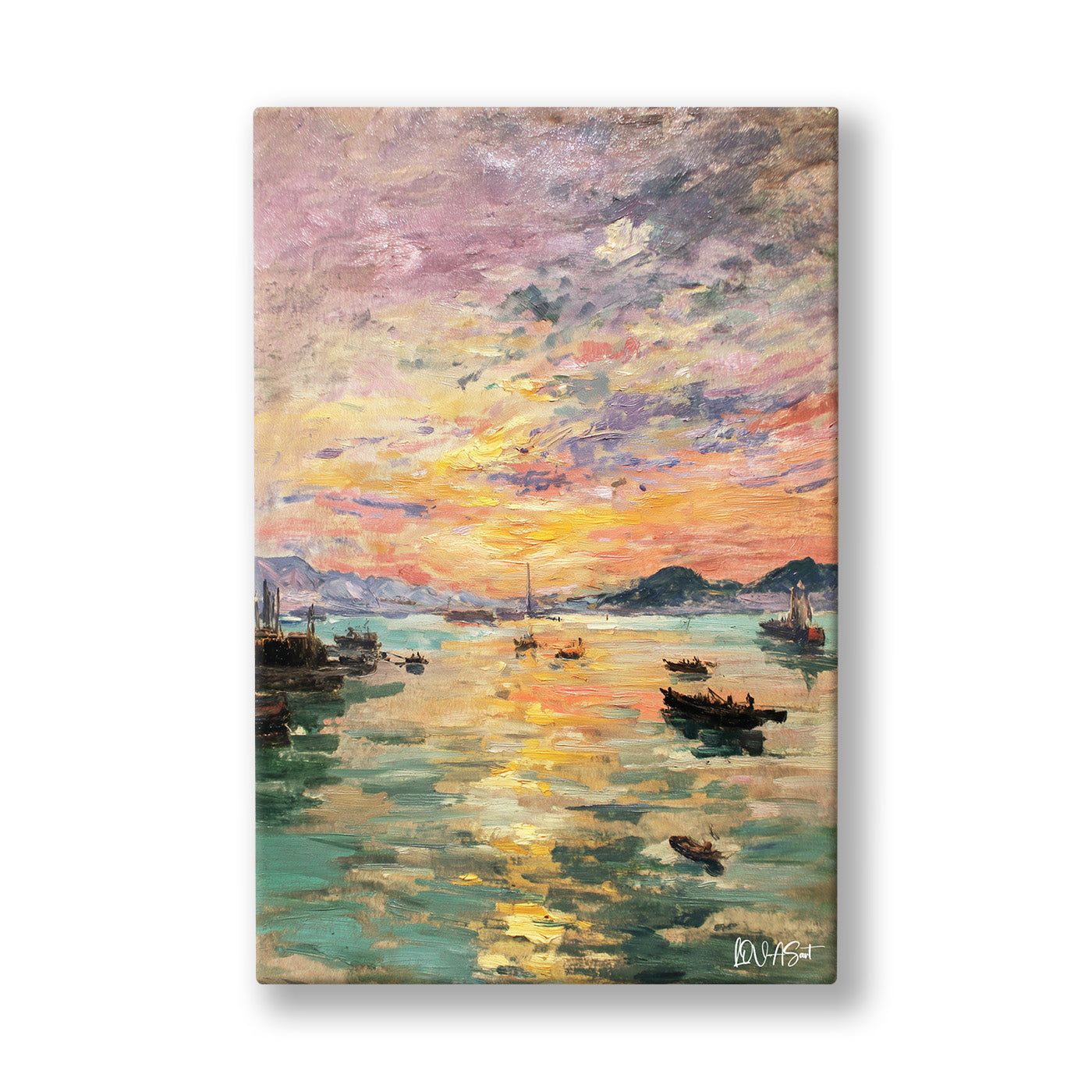Pastel Akşam Denizi kanvas tablo — Akşam güneşinin denize altın bir yol serdiği pastel bir ufuk çizgisi.