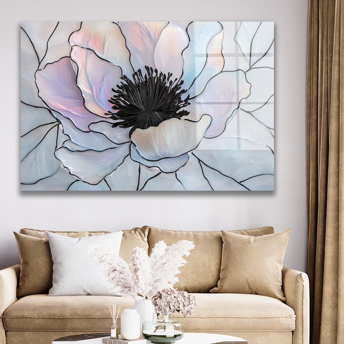 Pastel Anemon cam tablo — duvarda dekorasyon görünümü