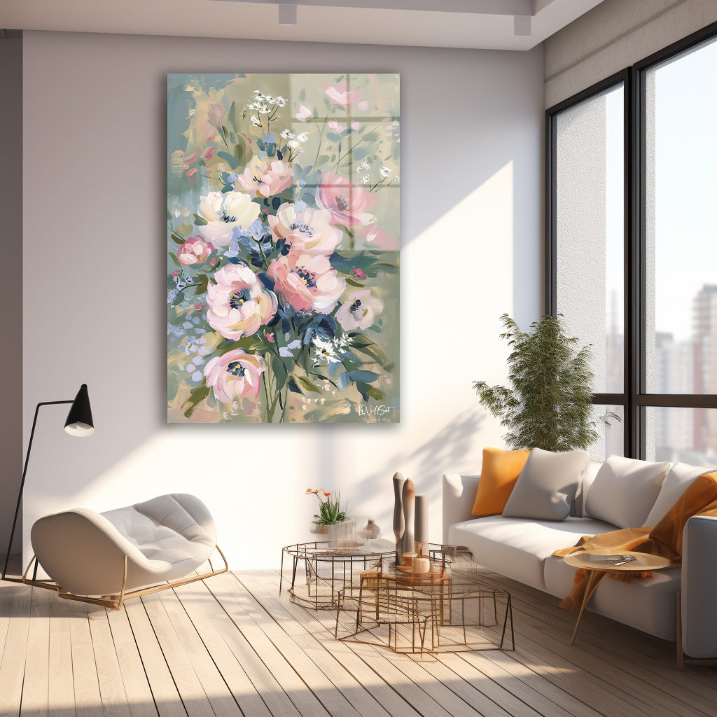 Pastel Çiçek Buketi cam tablo — farklı açıdan görünüm