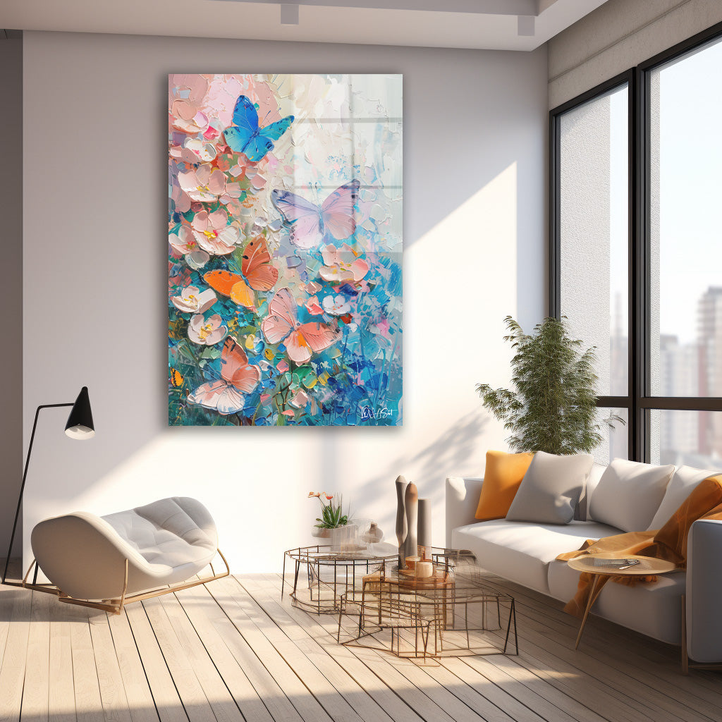 Pastel Çiçek Kelebekleri cam tablo — farklı açıdan görünüm