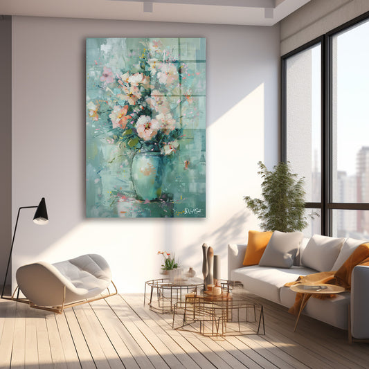 Pastel Çiçekli Vazo cam tablo — farklı açıdan görünüm