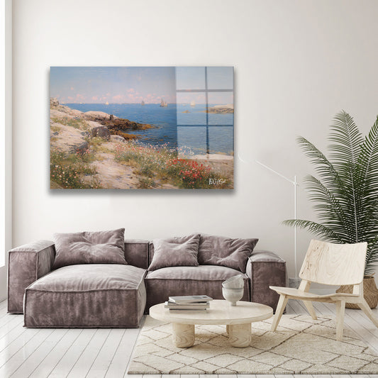 Pastel Deniz Kıyısı cam tablo — duvarda dekorasyon görünümü