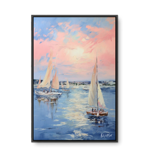 Pastel Denizde Yelkenliler - Kalın Metal Çerçeveli Kanvas Tablo