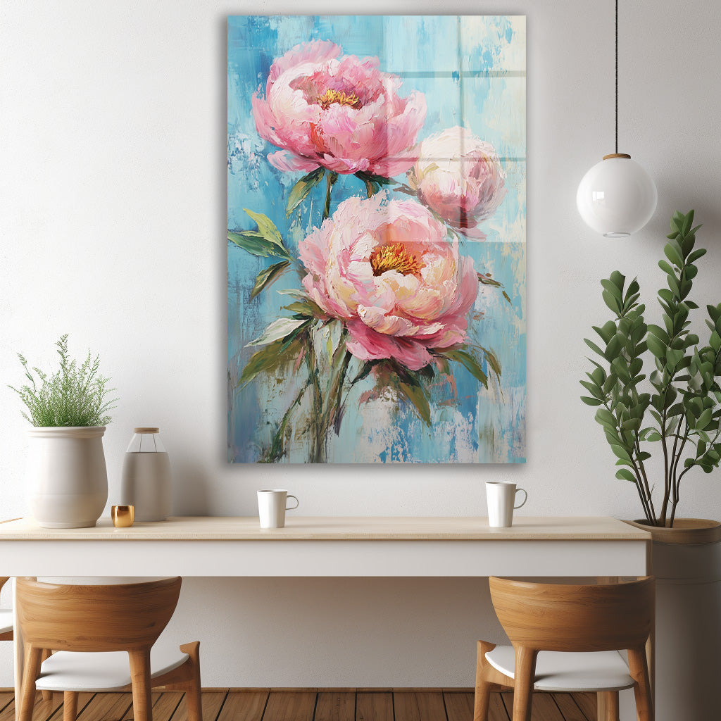 Pastel Fonda Pembe Şakayık cam tablo — iç mekân uygulama örneği