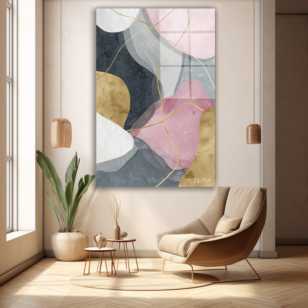Pastel Geometrik Formlar cam tablo — duvarda dekorasyon görünümü