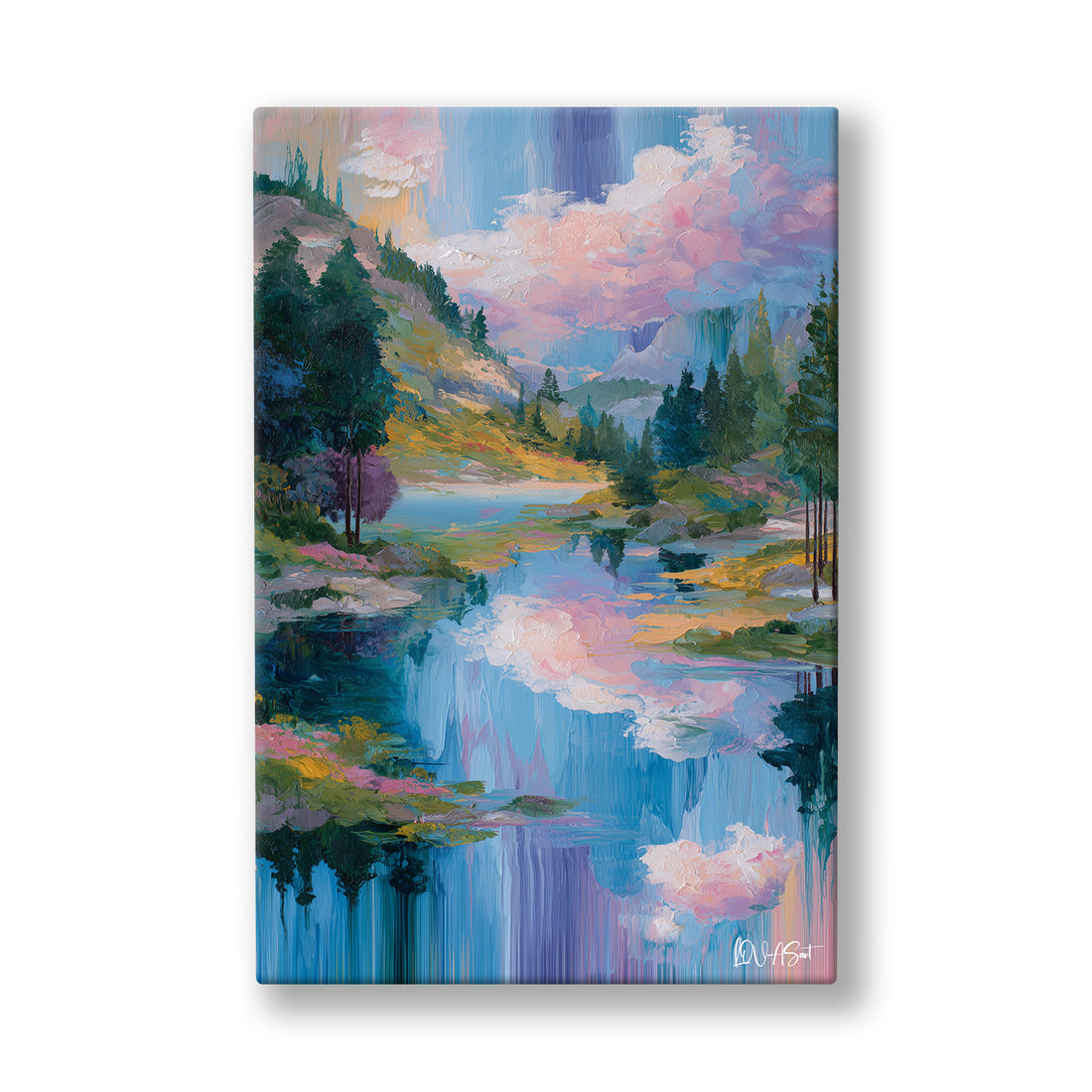 Pastel Göl Manzarası kanvas tablo — Ormanla çevrili bir gölün aynasına düşen pembe akşam bulutları.