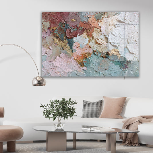Pastel Kabartma cam tablo — duvarda dekorasyon görünümü