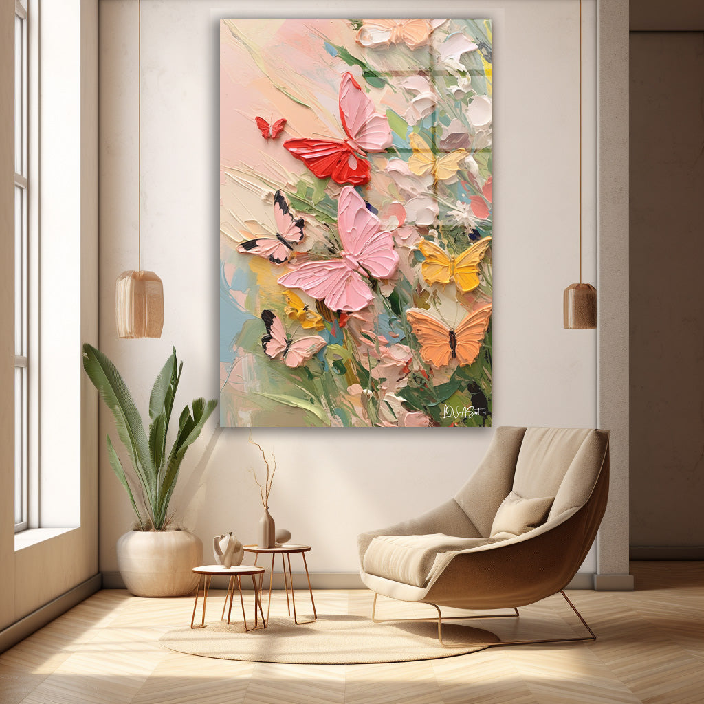 Pastel Kelebekler cam tablo — duvarda dekorasyon görünümü