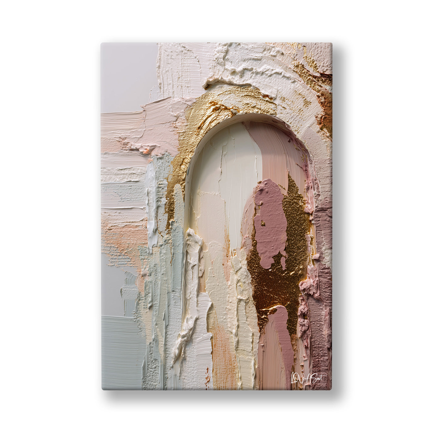 Pastel Kemer Dokusu 2 kanvas tablo — Krem sıvanın ortasında altın damarlarla açılan tonozlu bir kemer.