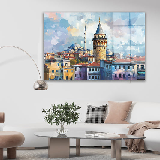 Pastel Mavi Galata cam tablo — duvarda dekorasyon görünümü