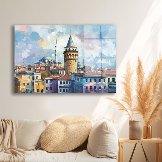 Pastel Mavi Galata cam tablo — iç mekân uygulama örneği