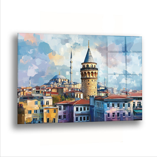 Pastel Mavi Galata cam tablo — Galata çatıların üstünde yükseliyor, şehir onun etrafında renk renk toplanıyor.