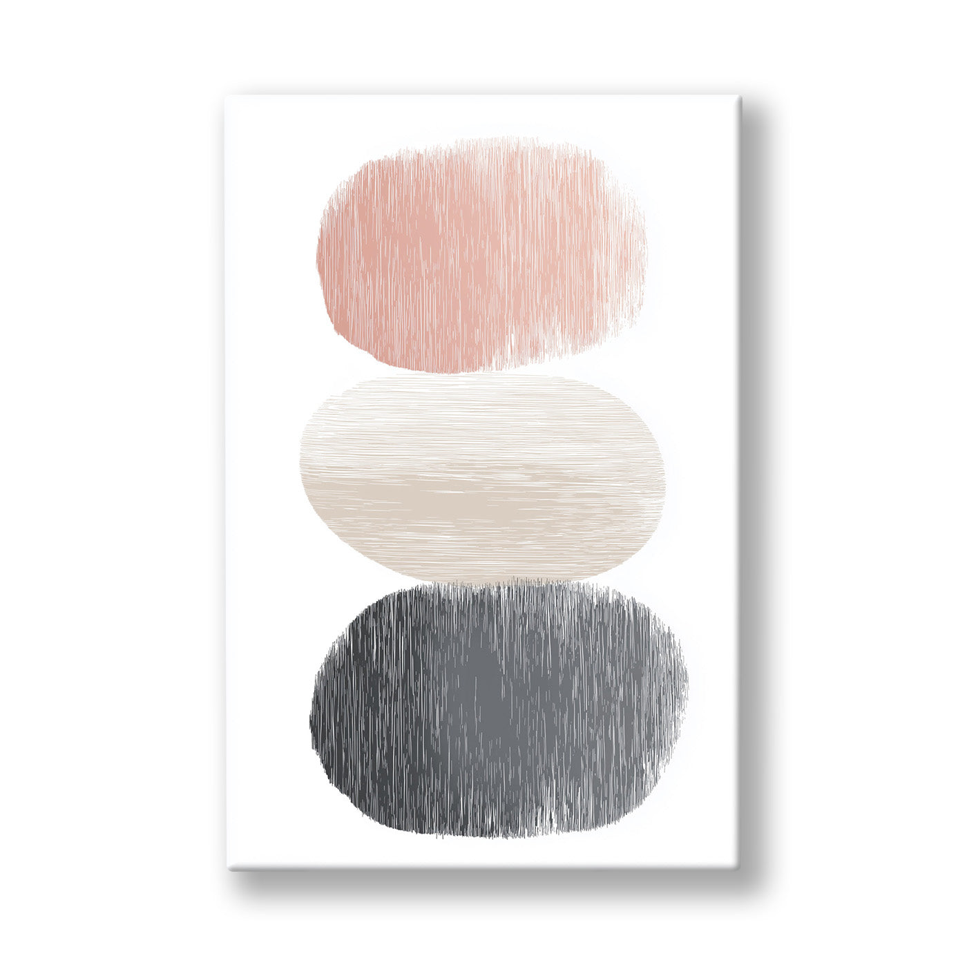 Pastel Ovaller kanvas tablo — Beyaz bir zeminde üst üste dinlenen pembe, krem ve kömür ovaller.