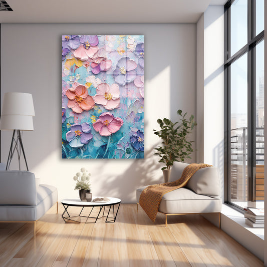 Pastel Renkli Çiçek Bahçesi cam tablo — farklı açıdan görünüm