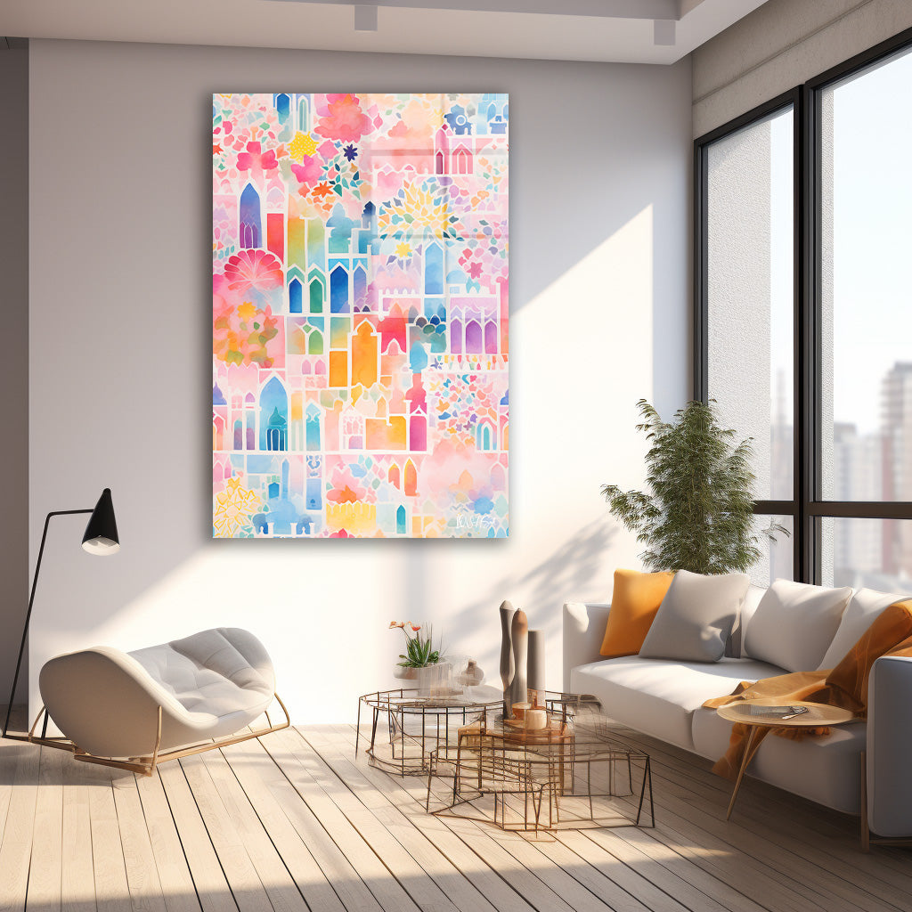Pastel Şehir Desenleri cam tablo — farklı açıdan görünüm