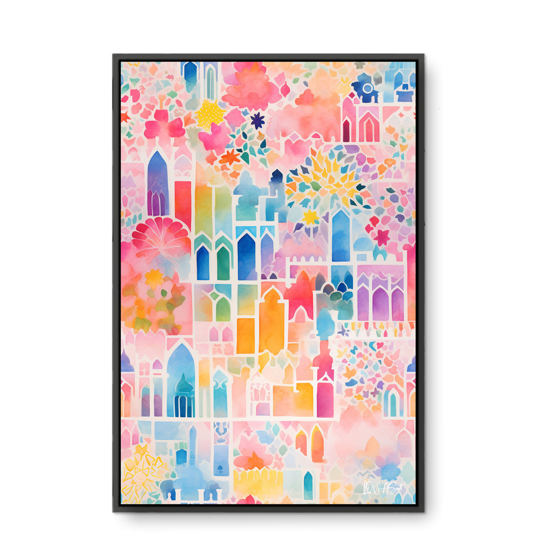 Pastel Şehir Desenleri - Kalın Metal Çerçeveli Kanvas Tablo